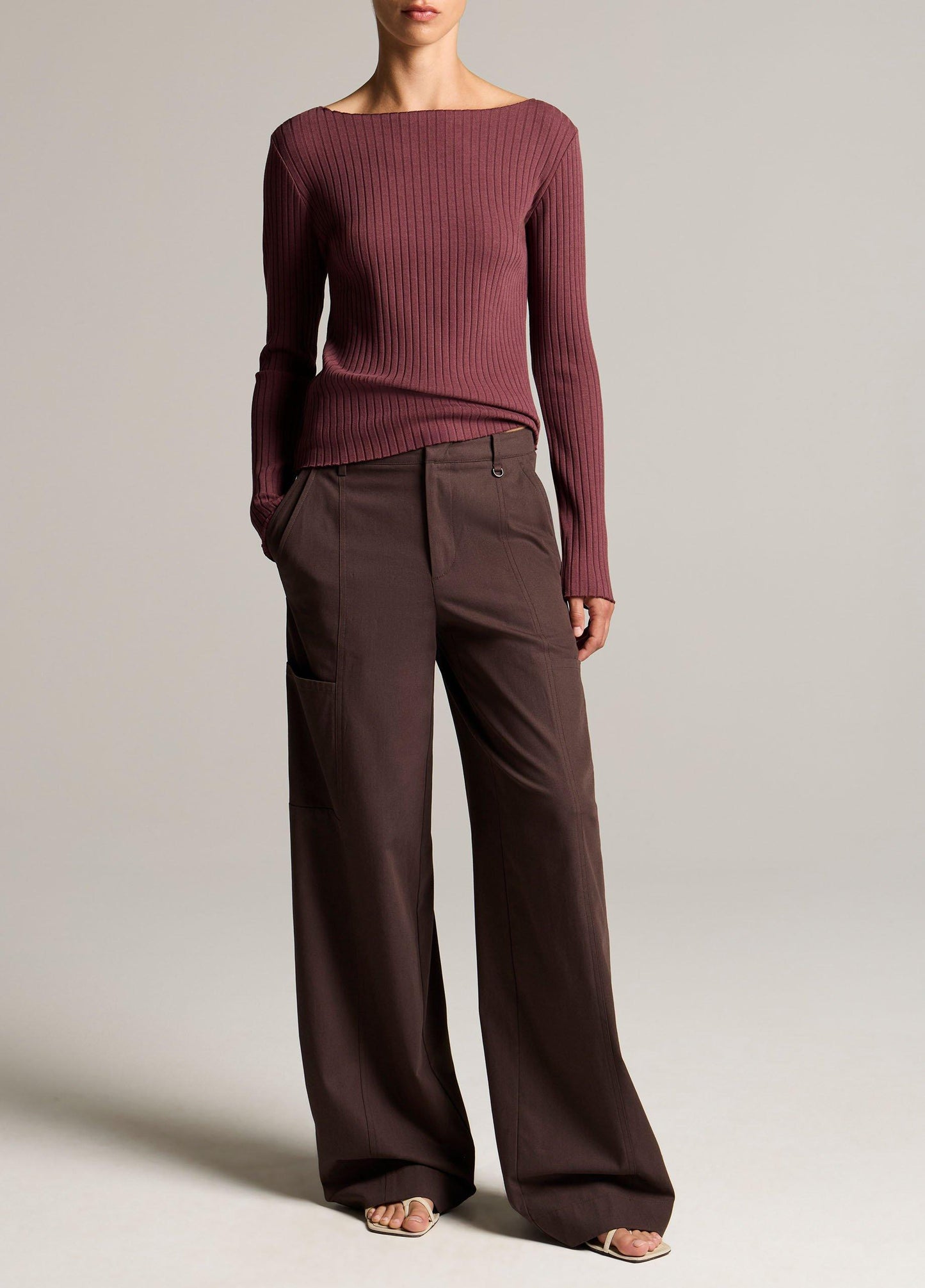 Vince Ribbed Cotton-Blend Slash-Neck Long-Sleeve Top - Long Sleeve