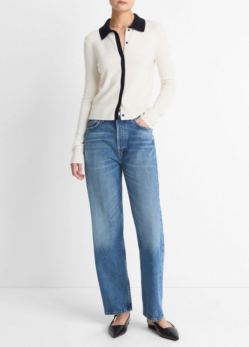 Vince Contrast-Trim Wool & Cashmere-Blend Collared Cardigan - Sweaters