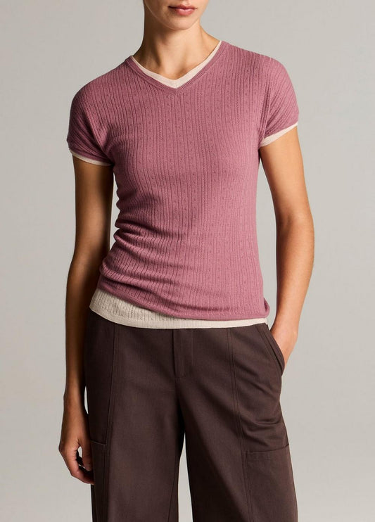 Vince Pointelle Wool Short-Sleeve Sweater - V-Neck
