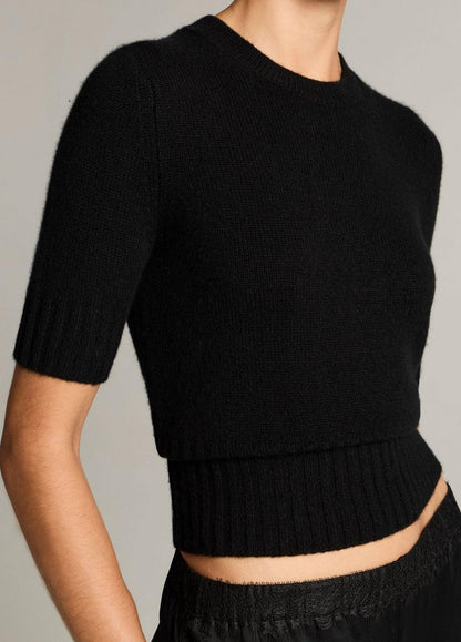 Vince Wool-Cashmere High-Rib Short-Sleeve Sweater - Crew Neck