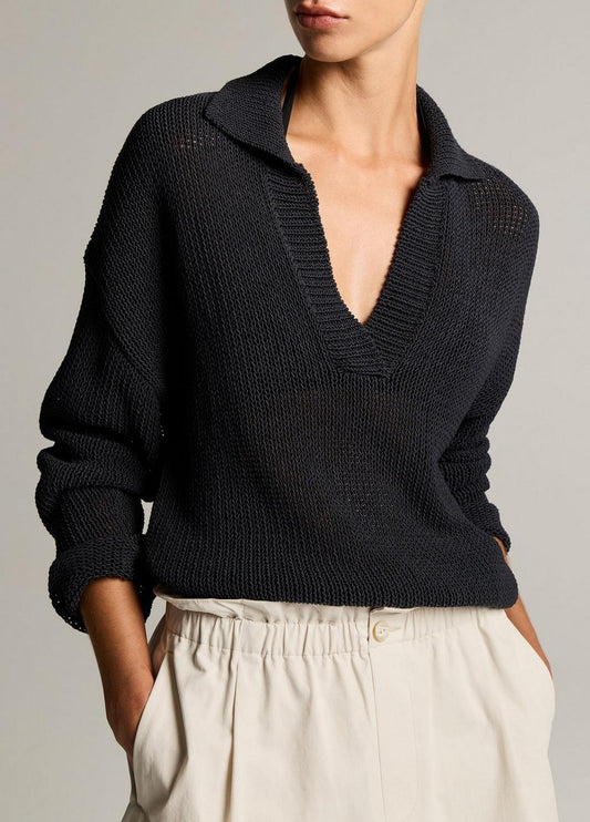 Vince Italian Coated Cotton-Blend Polo Sweater - V-Neck