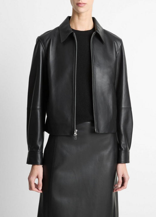 Vince Leather Cropped Zip-Front Jacket - Jackets