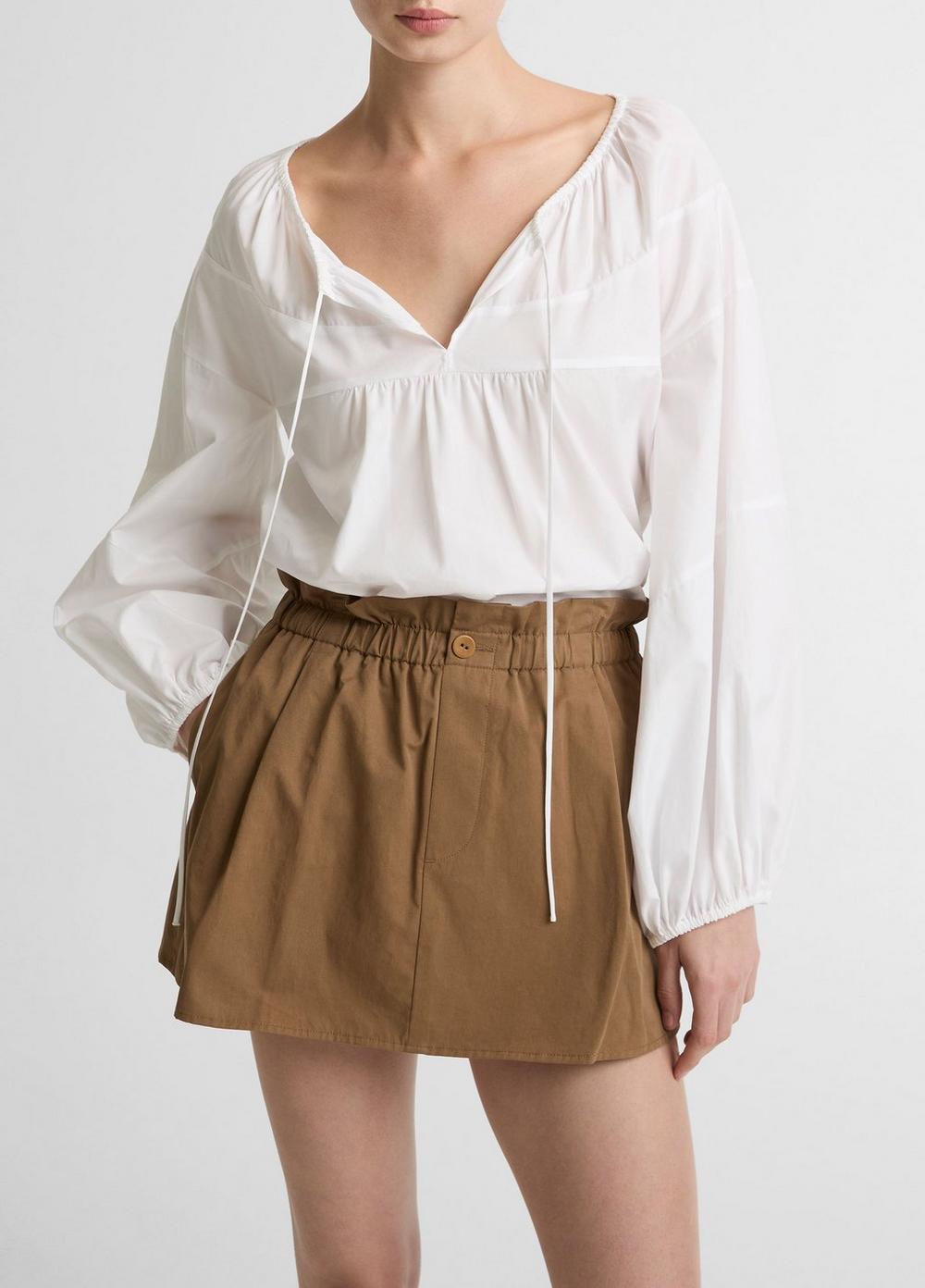 Vince Shirred Cotton Tie-Neck Blouse - Long Sleeve