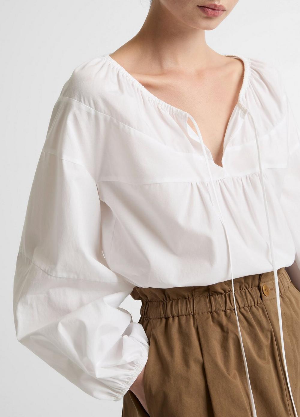 Vince Shirred Cotton Tie-Neck Blouse - Long Sleeve