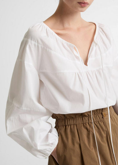 Vince Shirred Cotton Tie-Neck Blouse - Long Sleeve