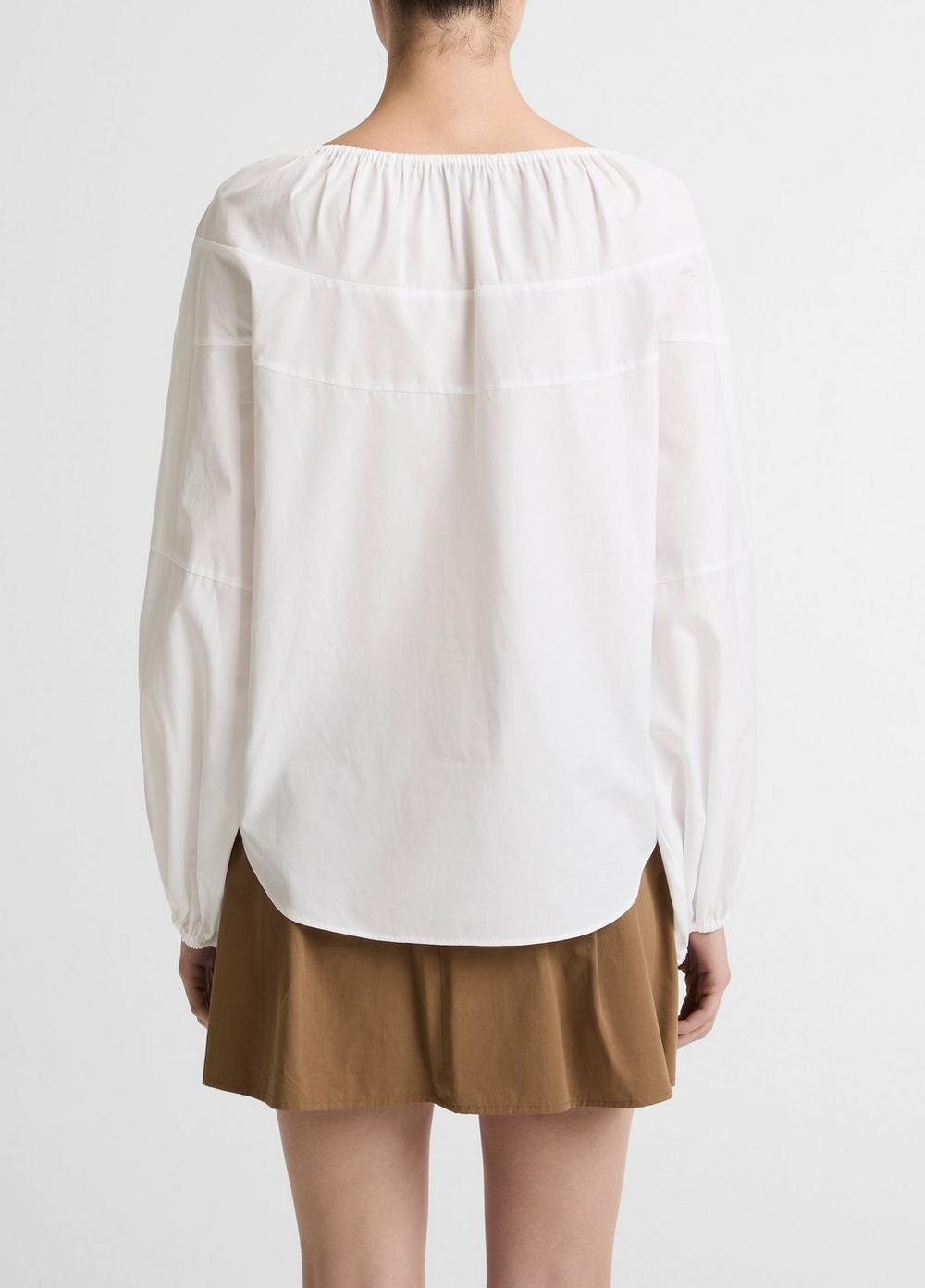 Vince Shirred Cotton Tie-Neck Blouse - Long Sleeve