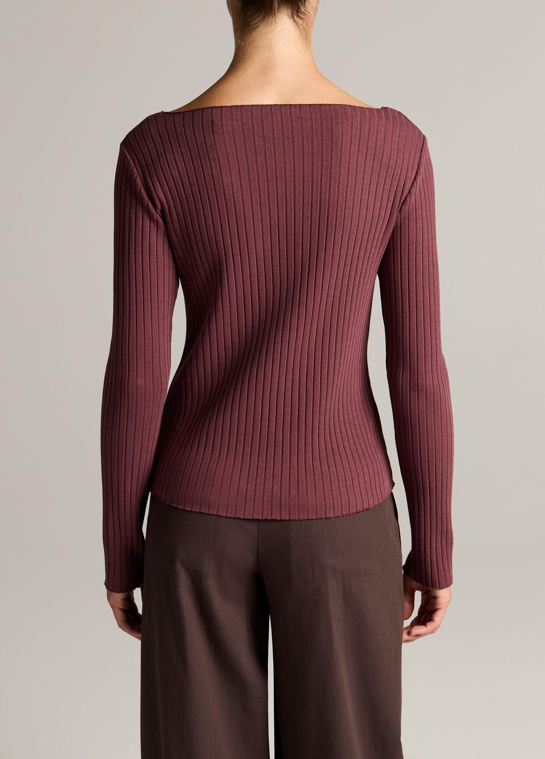 Vince Ribbed Cotton-Blend Slash-Neck Long-Sleeve Top - Long Sleeve