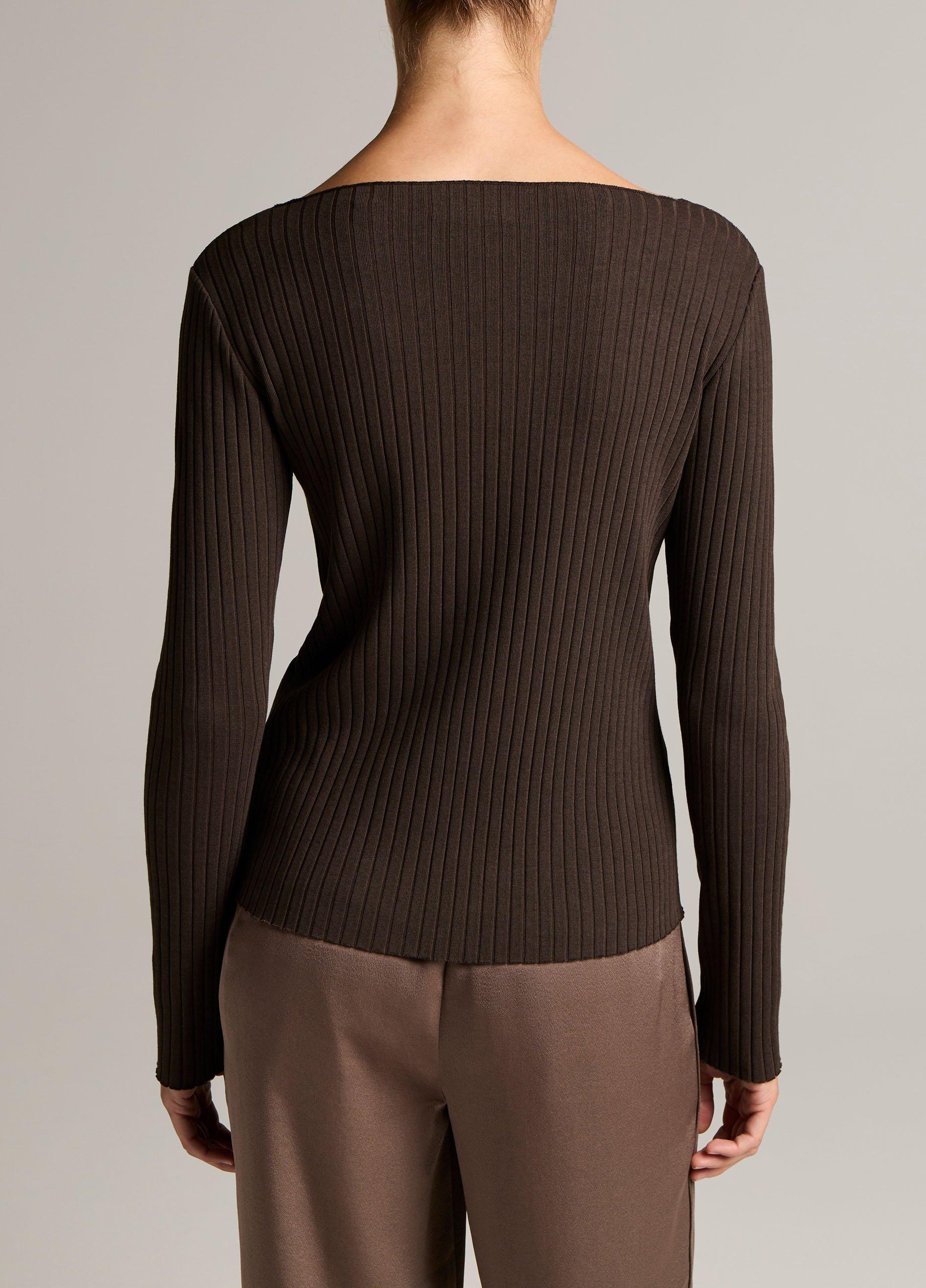 Vince Ribbed Cotton-Blend Slash-Neck Long-Sleeve Top - Long Sleeve