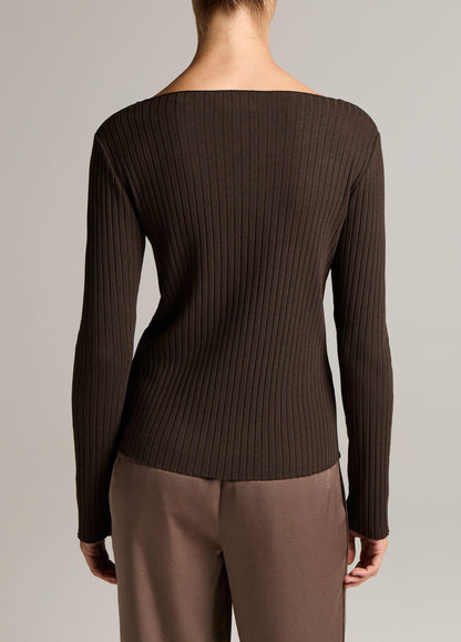 Vince Ribbed Cotton-Blend Slash-Neck Long-Sleeve Top - Long Sleeve