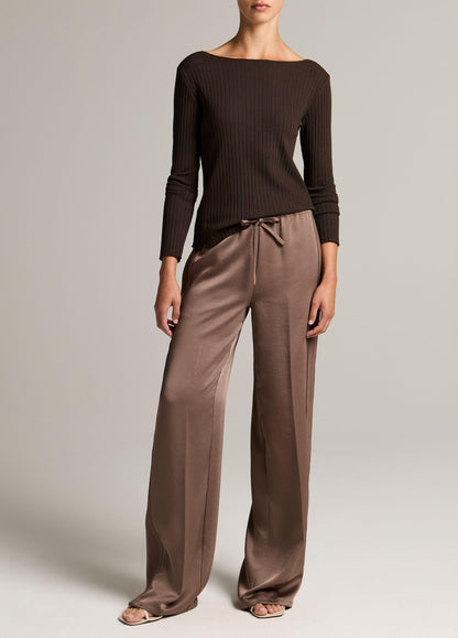 Vince Ribbed Cotton-Blend Slash-Neck Long-Sleeve Top - Long Sleeve