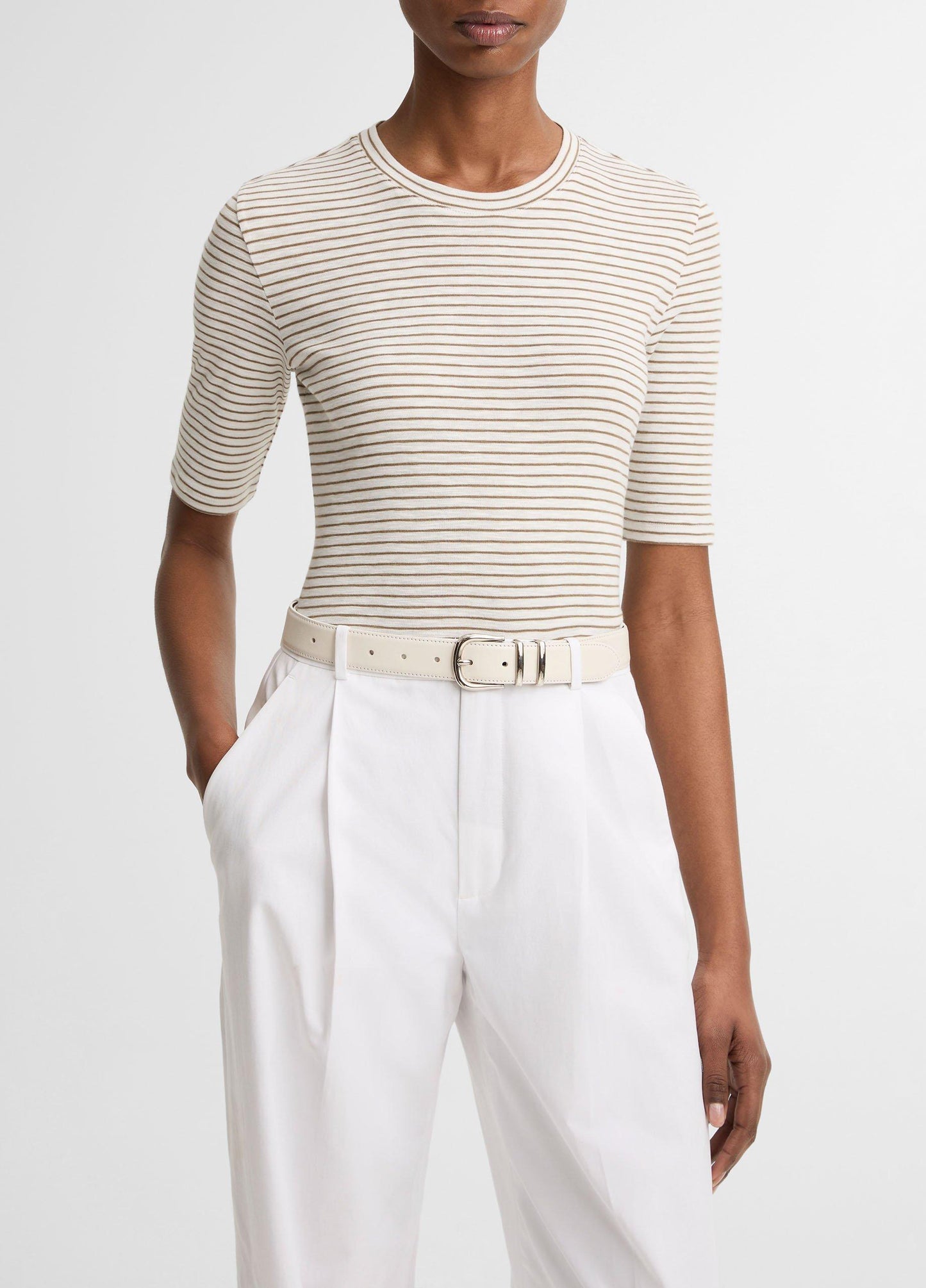 Vince Striped Cotton-Blend Elbow-Sleeve T-Shirt - Short Sleeve