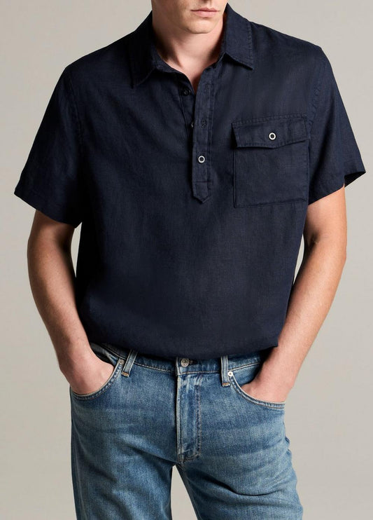 Vince Linen Short-Sleeve Half-Placket Shirt - Short Sleeve