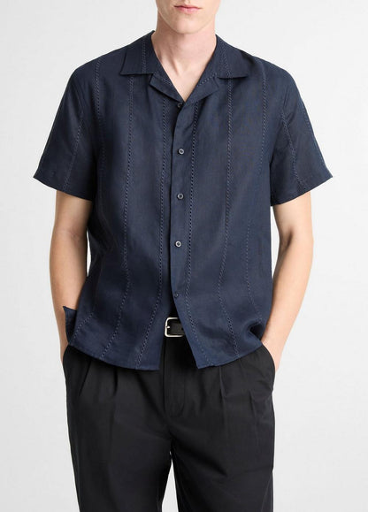 Vince Eyelet Stripe Linen Cabana Shirt - Short Sleeve