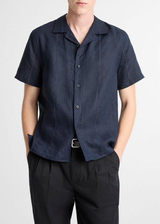 Vince Eyelet Stripe Linen Cabana Shirt - Short Sleeve