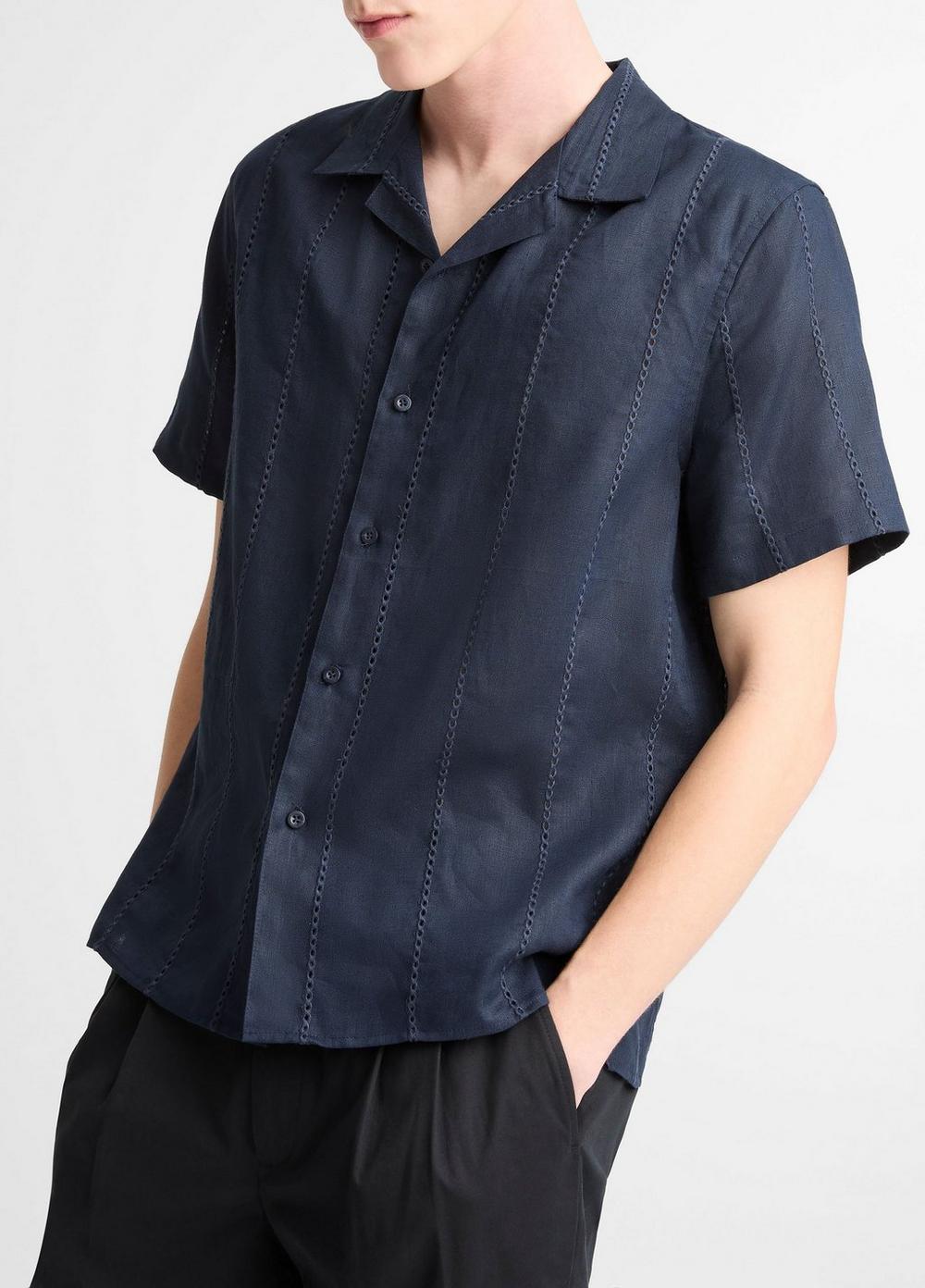Vince Eyelet Stripe Linen Cabana Shirt - Short Sleeve