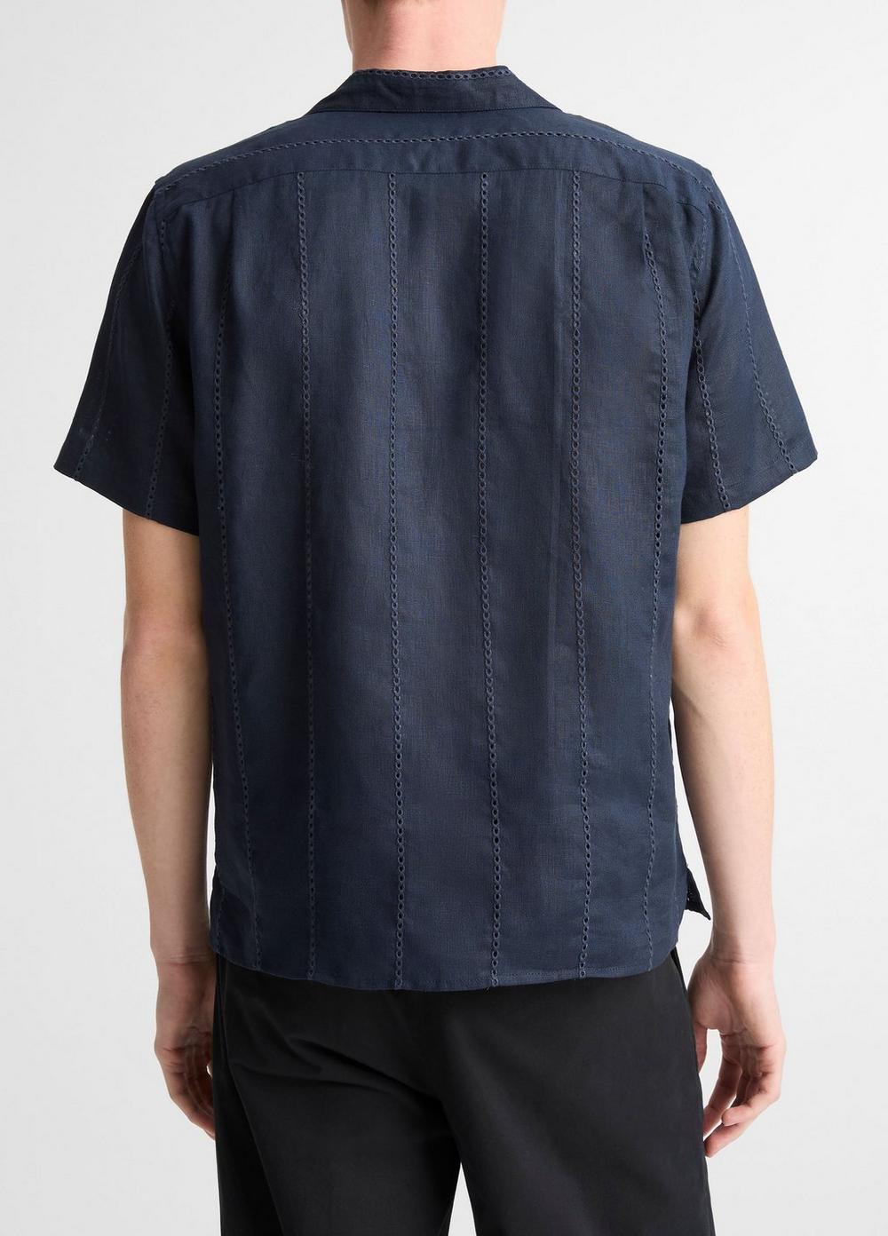 Vince Eyelet Stripe Linen Cabana Shirt - Short Sleeve