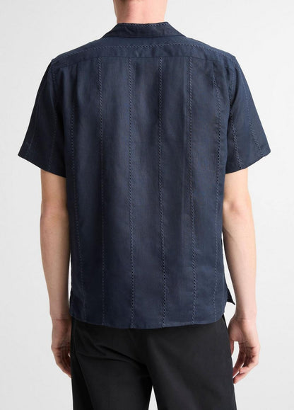 Vince Eyelet Stripe Linen Cabana Shirt - Short Sleeve