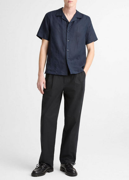 Vince Eyelet Stripe Linen Cabana Shirt - Short Sleeve