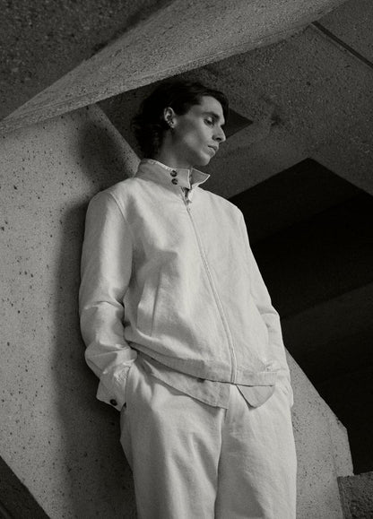 Vince Italian Cotton-Linen Band-Collar Bomber Jacket - Jackets