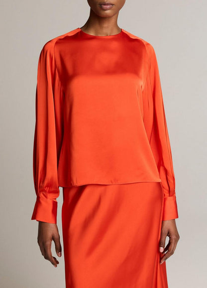 Vince Satin Tie-Neck Raglan Top - Long Sleeve