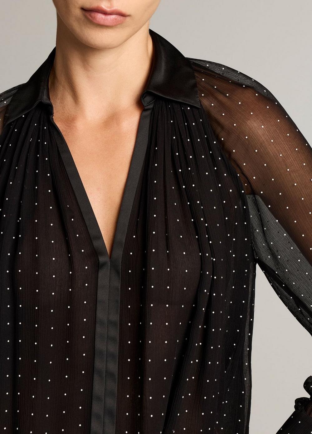 Vince Heat-Set Dot Chiffon Gathered Blouse - Long Sleeve