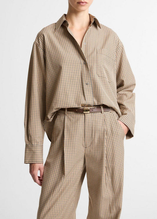 Vince Checked Italian Cotton-Blend Cropped Button-Front Shirt - Long Sleeve