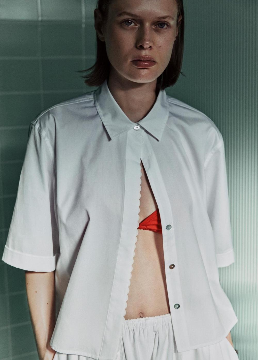 Vince Scallop-Detail Cotton Button-Front Shirt - Short Sleeve