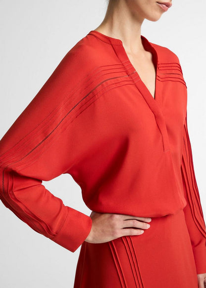 Vince Pintuck Satin Half-Placket Blouse - Shirts & Tees