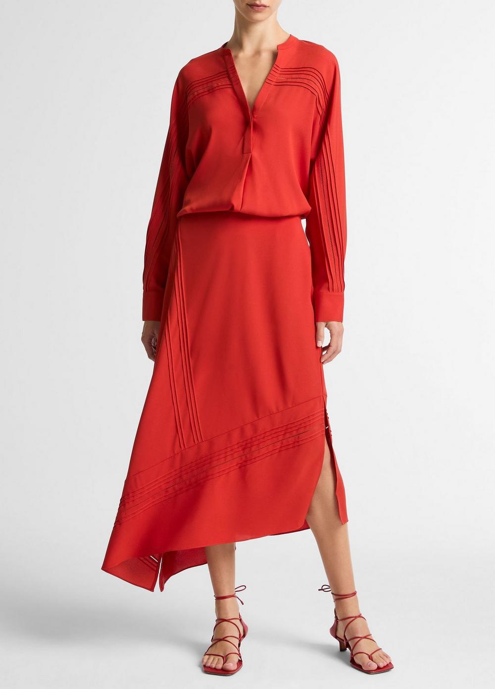 Vince Pintuck Satin Half-Placket Blouse - Shirts & Tees