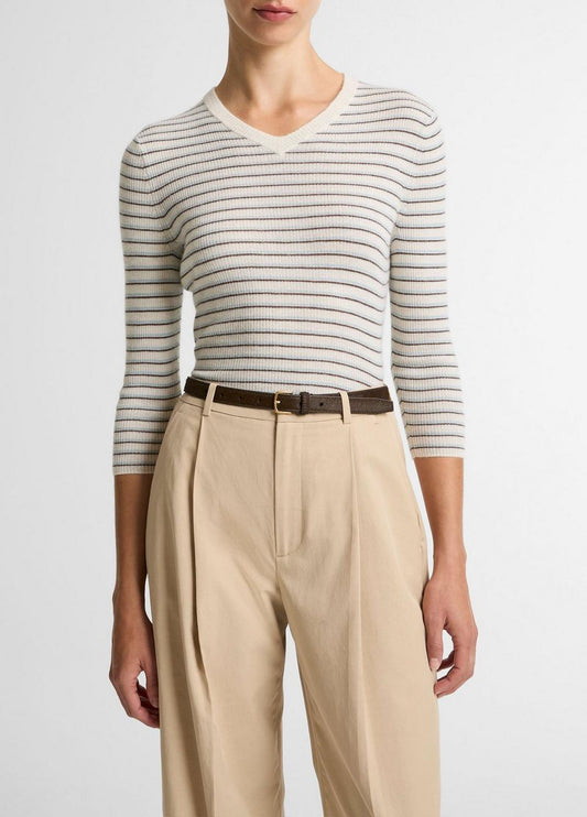 Vince Striped Cashmere-Silk High V-Neck Sweater  - Sweaters