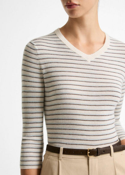 Vince Striped Cashmere-Silk High V-Neck Sweater  - Sweaters