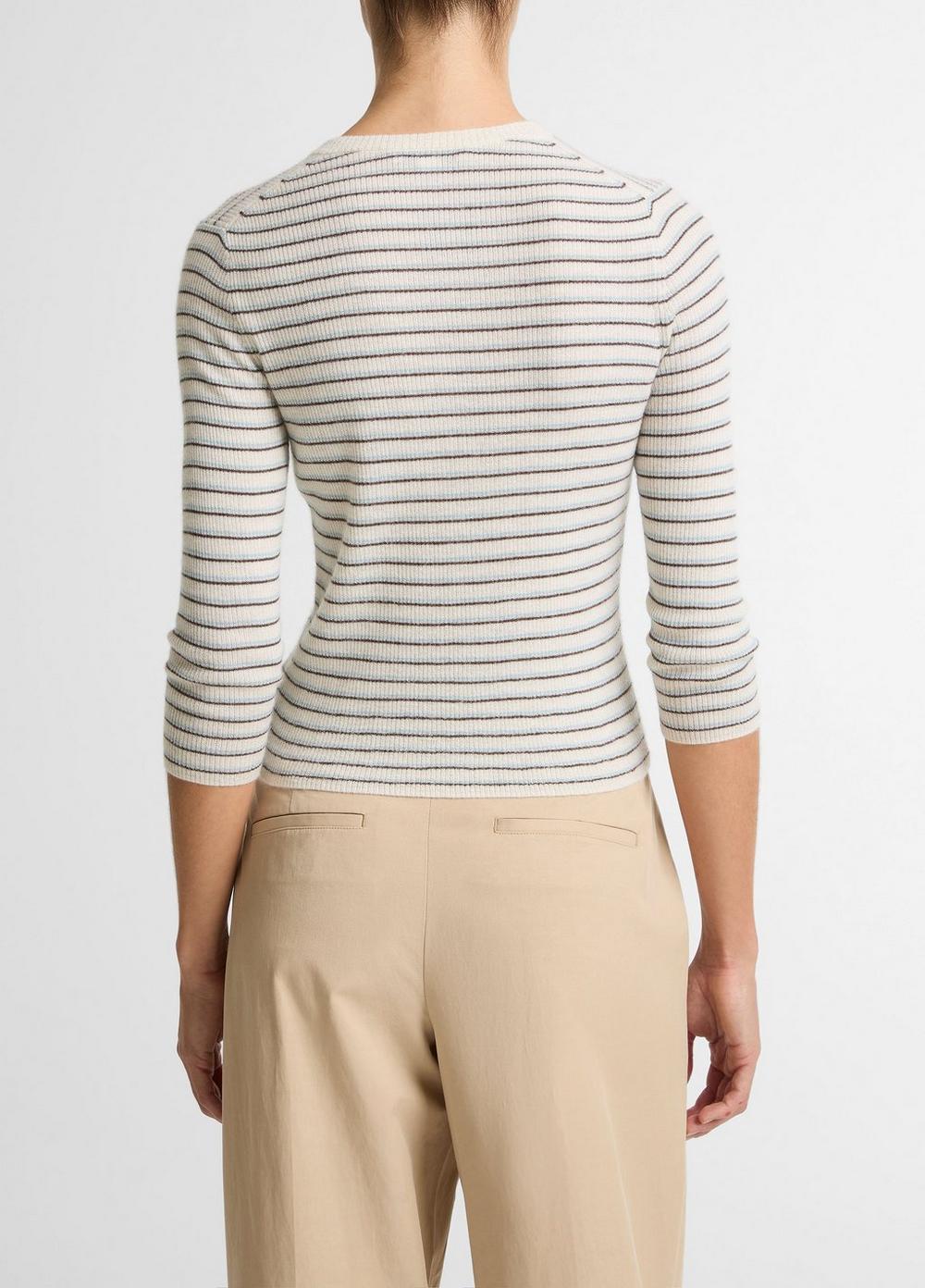 Vince Striped Cashmere-Silk High V-Neck Sweater  - Sweaters