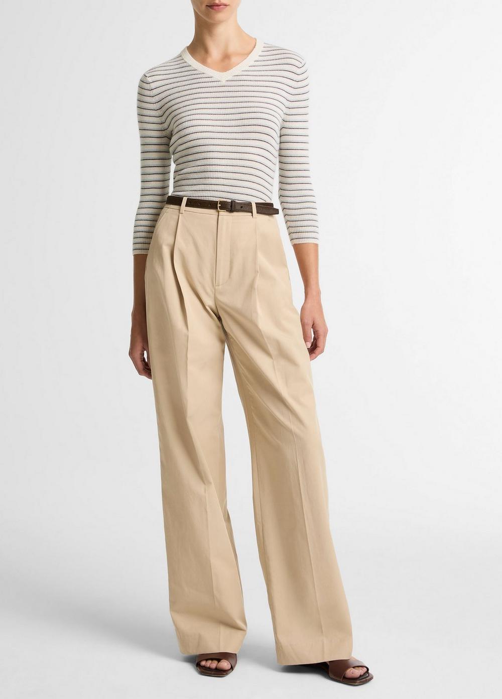 Vince Striped Cashmere-Silk High V-Neck Sweater  - Sweaters