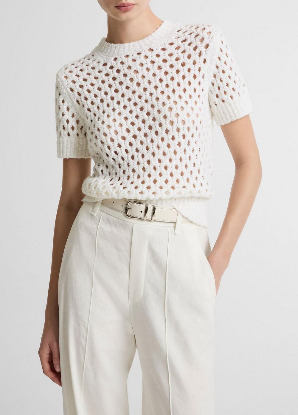 Vince Honeycomb Italian Cotton & Linen-Blend Short-Sleeve Sweater - Crew Neck