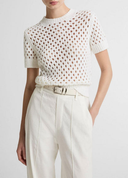 Vince Honeycomb Italian Cotton & Linen-Blend Short-Sleeve Sweater - Crew Neck