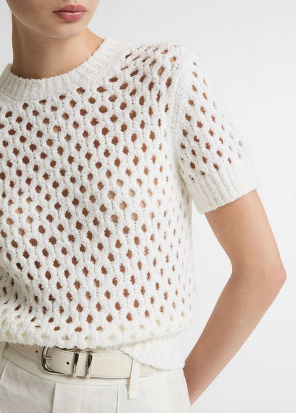 Vince Honeycomb Italian Cotton & Linen-Blend Short-Sleeve Sweater - Crew Neck