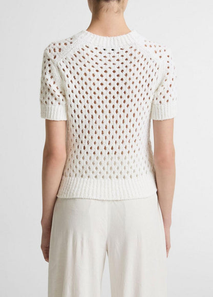 Vince Honeycomb Italian Cotton & Linen-Blend Short-Sleeve Sweater - Crew Neck