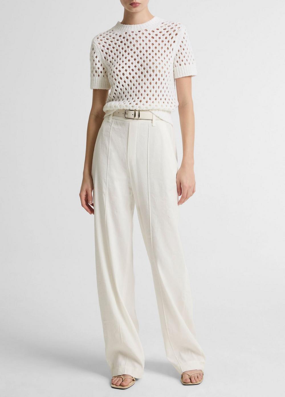Vince Honeycomb Italian Cotton & Linen-Blend Short-Sleeve Sweater - Crew Neck