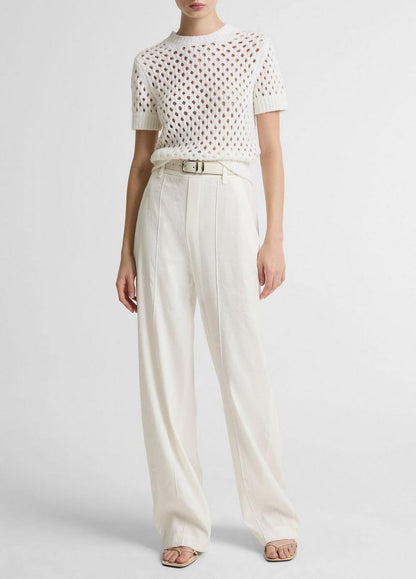 Vince Honeycomb Italian Cotton & Linen-Blend Short-Sleeve Sweater - Crew Neck