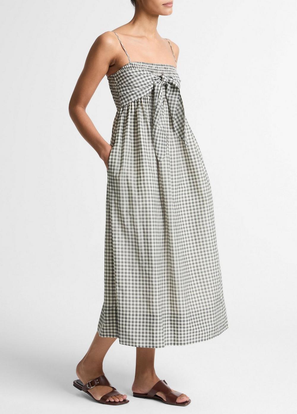 Vince Gingham Cotton-Silk Tie Smocked Dress - Dresses