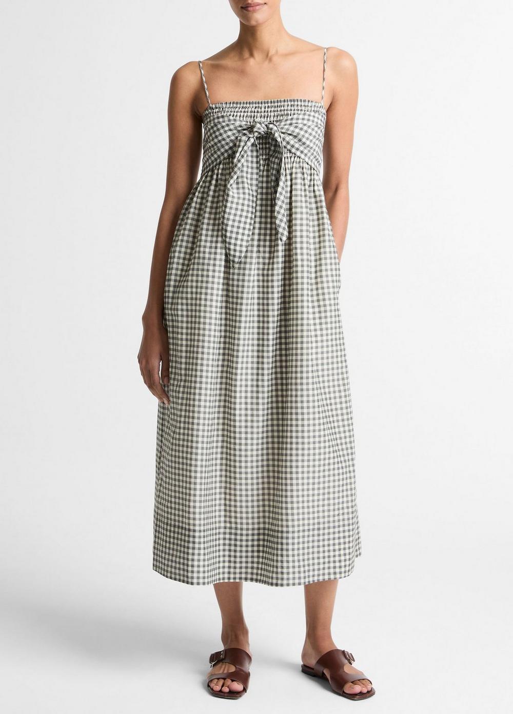 Vince Gingham Cotton-Silk Tie Smocked Dress - Dresses