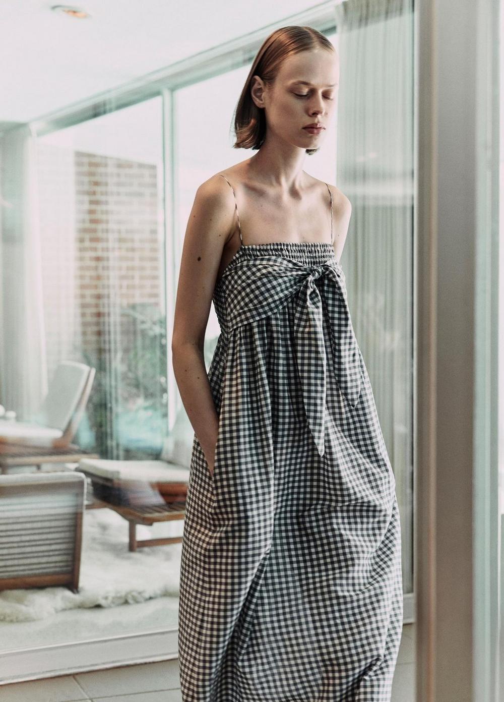Vince Gingham Cotton-Silk Tie Smocked Dress - Dresses