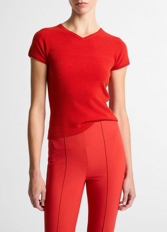 Vince Wool & Cashmere-Blend High V-Neck Short-Sleeve Sweater - Sweaters