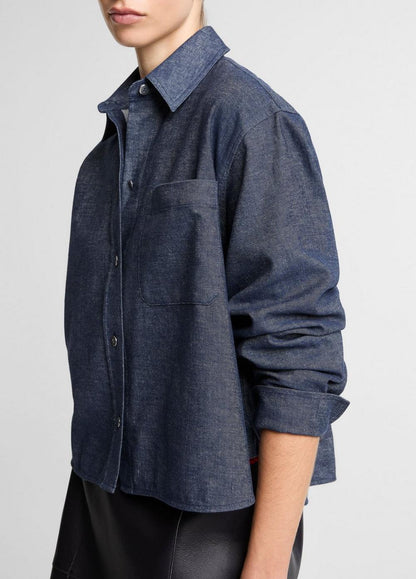 Vince Cotton-Linen Chambray Cropped Button-Front Shirt - Long Sleeve