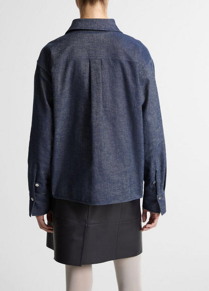 Vince Cotton-Linen Chambray Cropped Button-Front Shirt - Long Sleeve