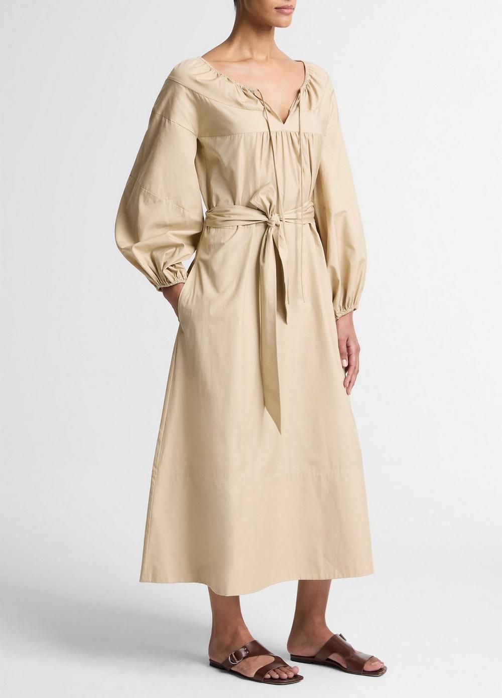 Vince Shirred Cotton Belted Tie-Neck Dress - Dresses