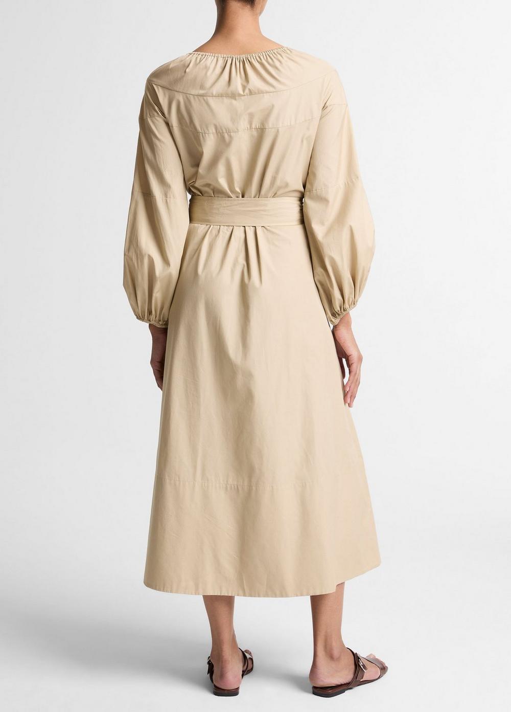 Vince Shirred Cotton Belted Tie-Neck Dress - Dresses