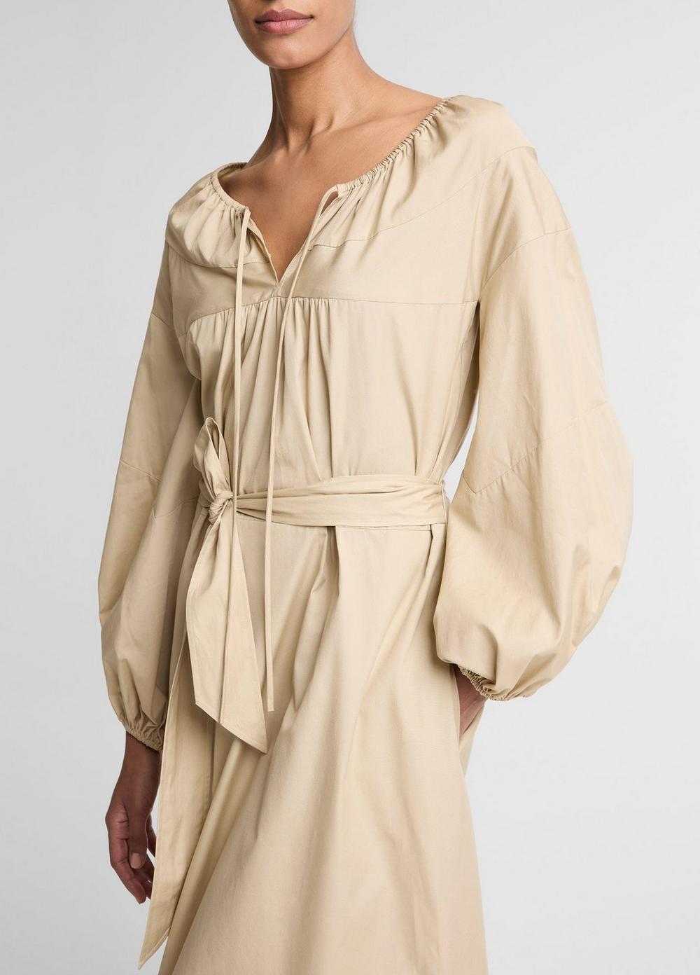 Vince Shirred Cotton Belted Tie-Neck Dress - Dresses