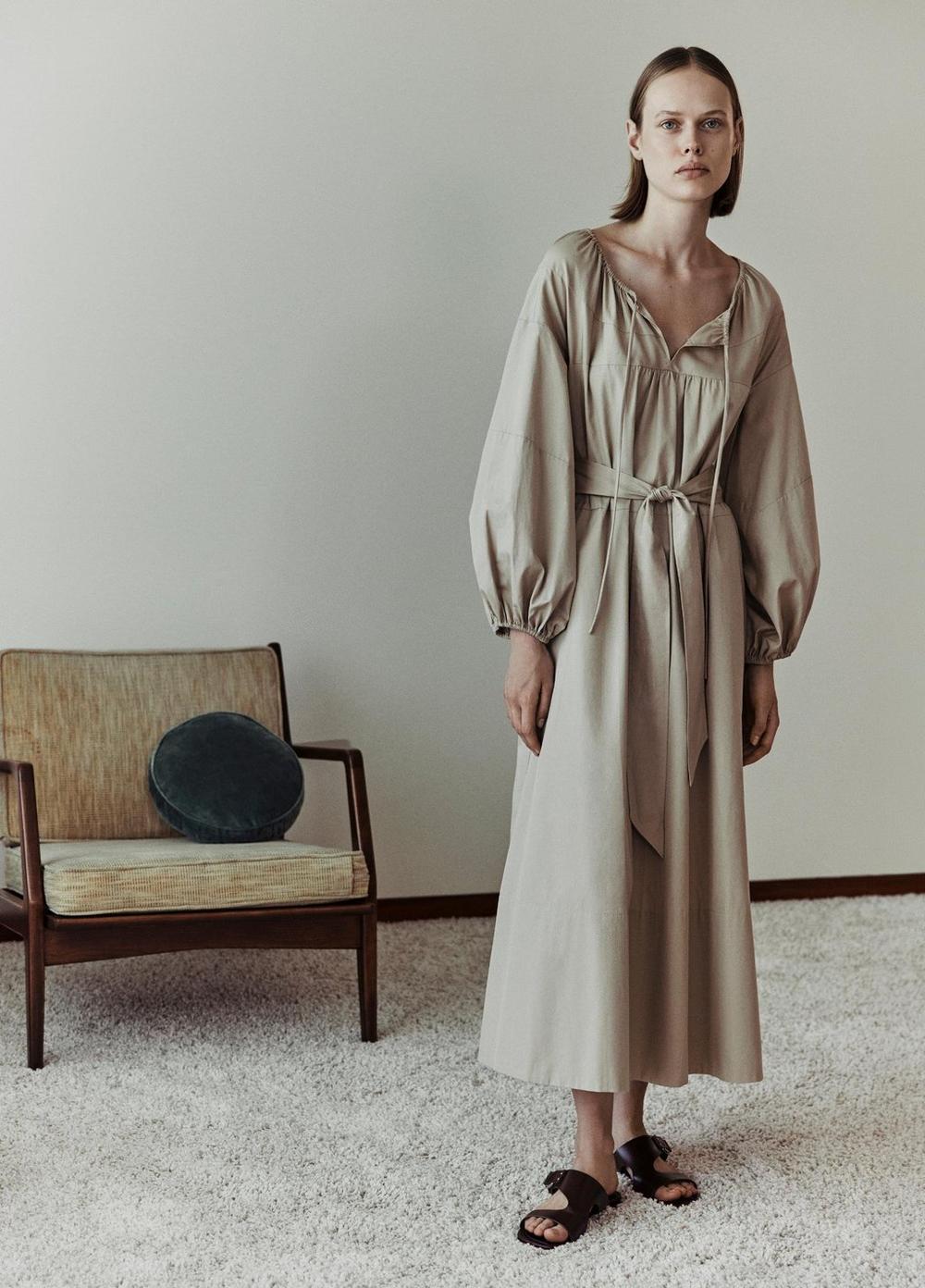 Vince Shirred Cotton Belted Tie-Neck Dress - Dresses