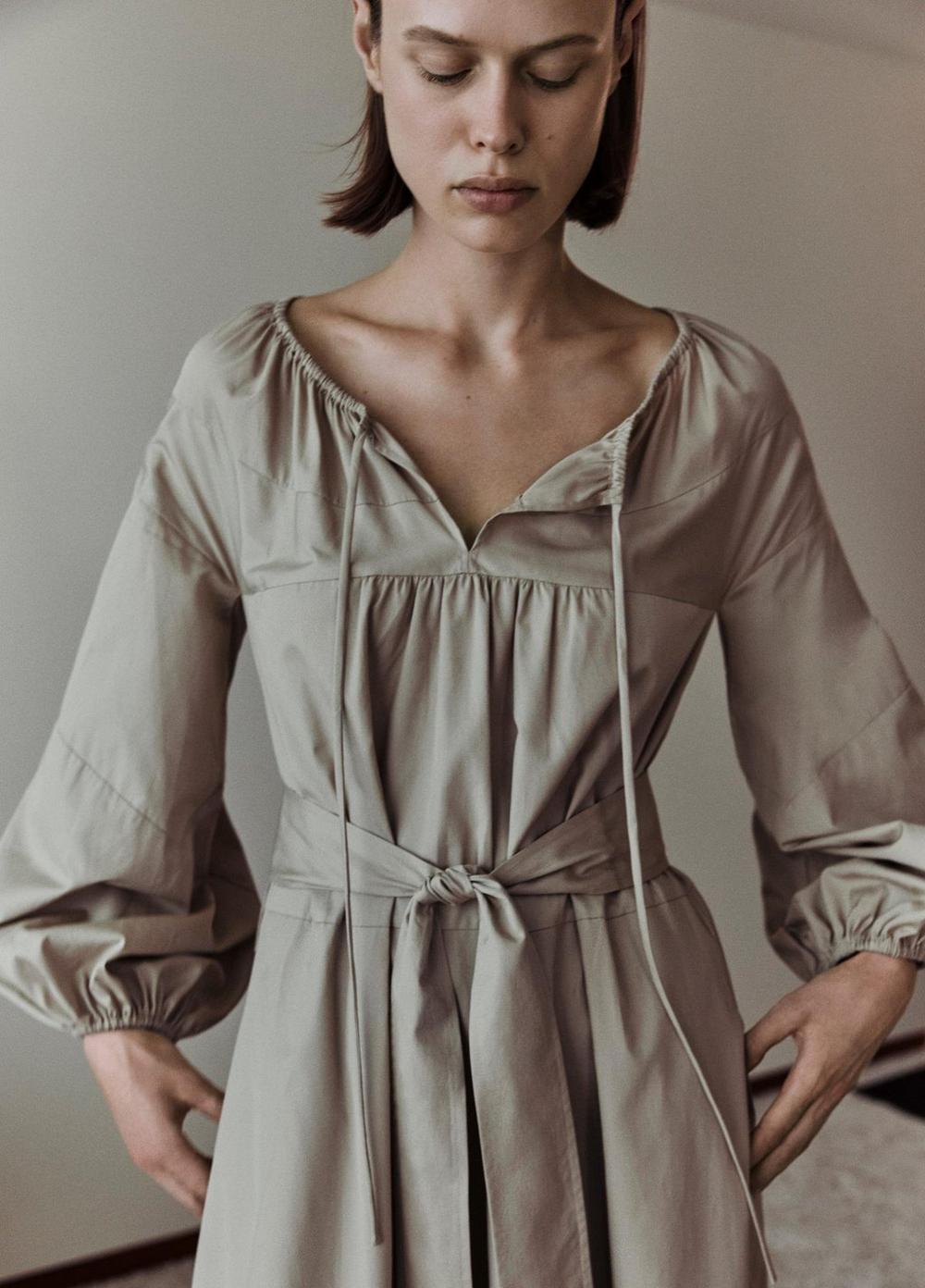 Vince Shirred Cotton Belted Tie-Neck Dress - Dresses
